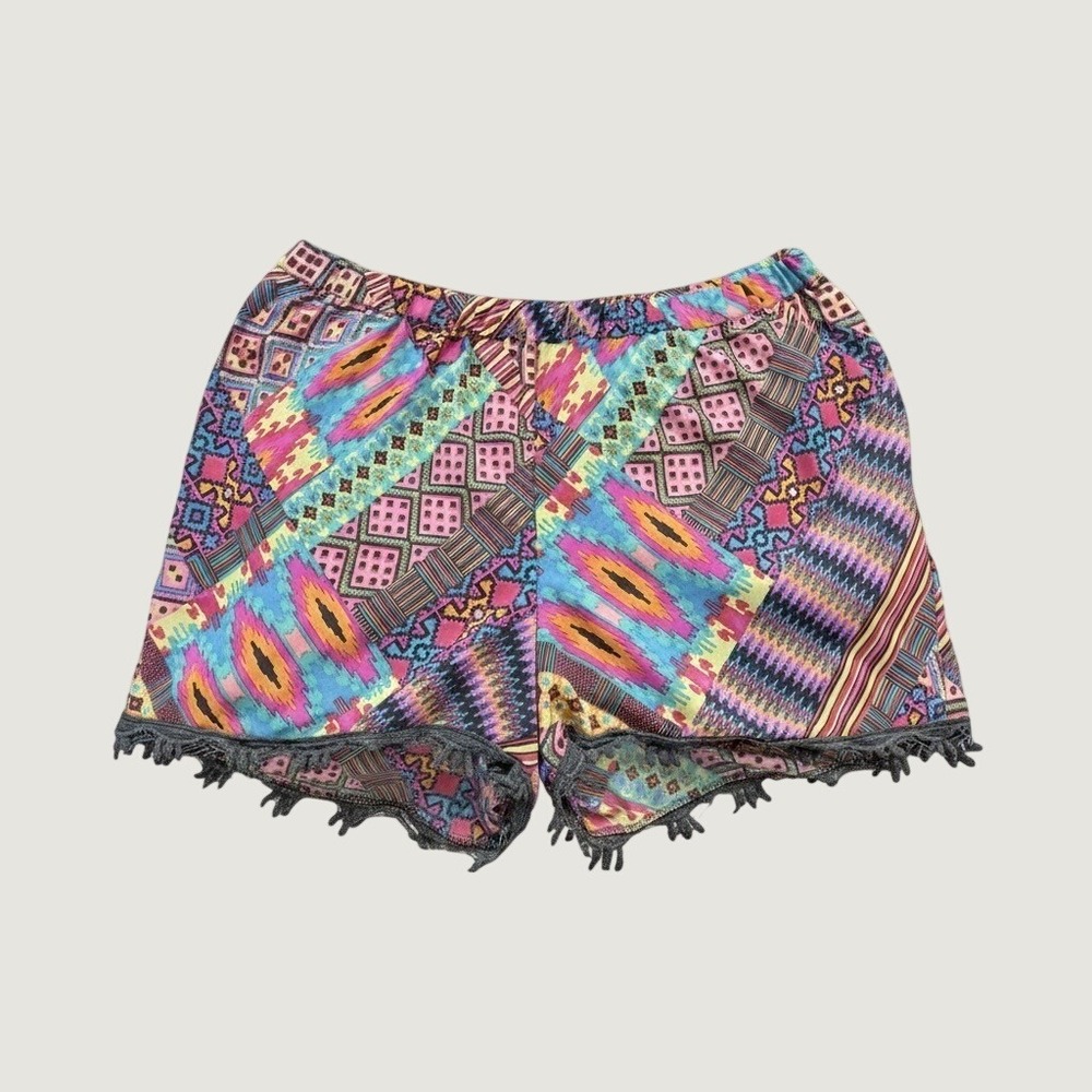 Mix Nouveau Shorts Large Geometric Tribal Print Tassel Trim Polyester Multi